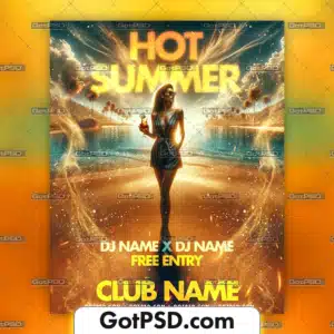 Flyer design template with the title 'Hot Summer' in vibrant colors, available for purchase at GoPSD.com