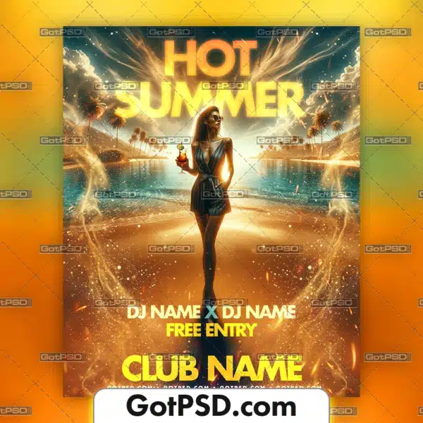 Flyer design template with the title 'Hot Summer' in vibrant colors, available for purchase at GoPSD.com